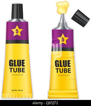 Deux tubes de colle réalistes isolés de couleur jaune et violette illustration vectorielle avec capots ouverts et fermés Illustration de Vecteur