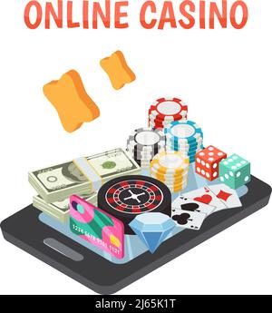 Jeu de conception de casino en ligne de jeux de roulette dés jetons des icônes sur l'écran du smartphone illustration vectorielle isométrique Illustration de Vecteur