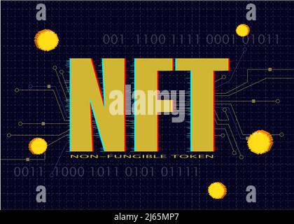Texte des jetons non fongibles NFT sur fond sombre. Concept Crypto art. Payez pour des objets de collection uniques dans des jeux ou des œuvres d'art. Illustration de Vecteur