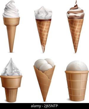 Ensemble réaliste de crème glacée avec six crèmes glacées isolées en galette coupes de forme différente avec illustration du vecteur de garniture Illustration de Vecteur