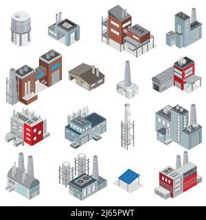 Bâtiments industriels ensemble isométrique d'éléments pour les usines et l'énergie illustration vectorielle isolée du constructeur d'usines Illustration de Vecteur