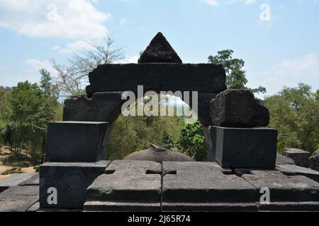Les sculptures en pierre du temple Borobudur, Java, Indonésie Banque D'Images