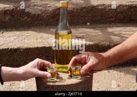 Les mains du Mans avec la boisson traditionnelle serbe brandy rakija en plein air sur une bûche rétro en bois dans la campagne Banque D'Images