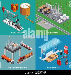 Industrie pétrolière équipement d'extraction raffinerie et transport 2x2 haute en couleur isométriques concept 3d illustration de vecteur isolé Illustration de Vecteur