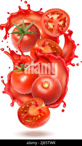 Composition réaliste de jus de tomate avec tranches et fruits entiers illustration vectorielle de tomates avec jus liquide Illustration de Vecteur