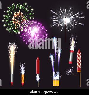 Feu d'artifice réaliste avec pyrotechnics et symboles amusants vecteur isolé illustration Illustration de Vecteur