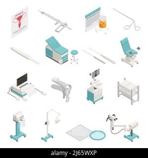 Équipement et instruments de gynécologie icônes isométriques ensemble isolé sur blanc illustration vectorielle 3d d'arrière-plan Illustration de Vecteur