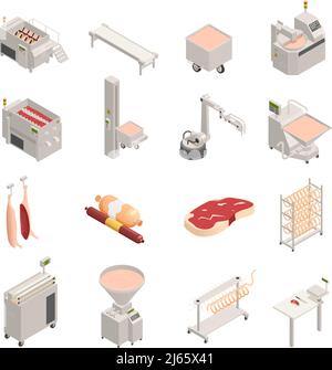 Ensemble d'icônes isométriques d'usine de saucisse, viande fraîche et produits finis, équipement automatisé, illustration vectorielle isolée Illustration de Vecteur