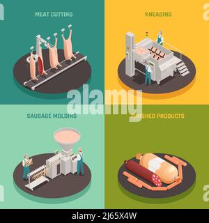 Découpe de viande, pétrissage et moulage de saucisse, produits finis, équipement d'usine, concept isométrique illustration vectorielle isolée Illustration de Vecteur