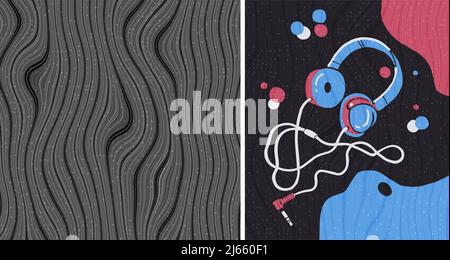 Arrière-plan noir et blanc minimaliste de lignes ondulées, de rayures, de technique de masquage prêt à gauche et exemple de son utilisation - image de style technique avec Banque D'Images