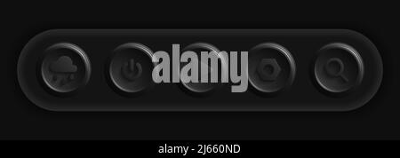Icônes de l'application Dark UI. Set of Weather, Power, Play, Settings, Search Black Buttons. Illustration vectorielle Illustration de Vecteur