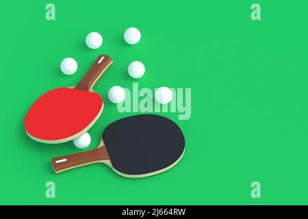 Pagaies de ping-pong avec balles sur fond vert. Jeu de loisirs. Équipement de sport. Concurrence internationale. Tennis de table. Copier l'espace. 3d rendu Banque D'Images