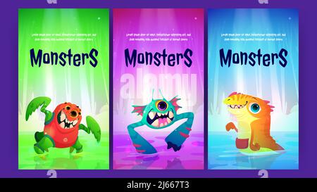 Affiches de dessin animé avec des monstres mignons, modèle de flyers d'invitation pour les enfants Halloween partie ou performance avec des personnages drôles, extraterrestres, animaux étranges Illustration de Vecteur