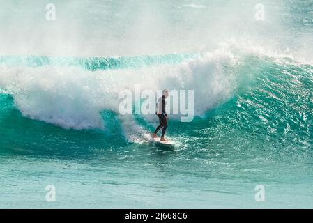 Surfer sur la grande vague bleue de l'océan fait du surf blanc. Gran Canaria / Espagne Banque D'Images