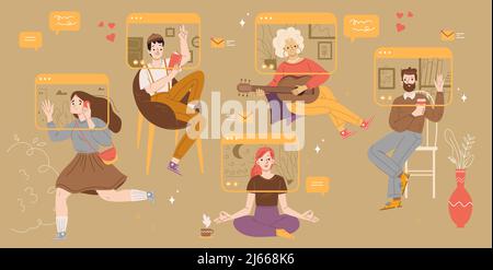 Vidéoconférence en ligne avec la famille ou l'équipe. Illustration vectorielle plate de chat virtuel, appel Internet avec des personnes sur les écrans. Grand-mère jouer à la guitare, W Illustration de Vecteur
