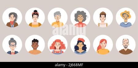 Divers avatars de personnes, visages de personnes pour le profil de médias sociaux. Ensemble vectoriel de portraits de sexe masculin et féminin avec différentes coiffures. Illustration plate de Illustration de Vecteur