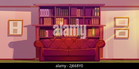 L'intérieur d'un ancien salon ou d'une bibliothèque de luxe avec une bibliothèque en bois, un autocar en cuir et des photos sont accrochés au mur. Lieu de lecture avec canapé et soleil lumineux Illustration de Vecteur