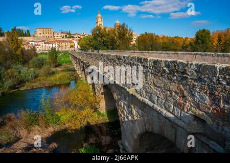 Salamanque, Espagne - novembre 6 2022 - touristes et habitants visitant le pont romain préhistorique (Puente Romano) à la périphérie de la ville Banque D'Images