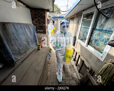 Pékin, Chine. 24th avril 2022. Les travailleurs médicaux vont de porte à porte pour prélever des échantillons d'écouvillons pour les tests d'acide nucléique dans le district de Xicheng à Beijing, capitale de la Chine, le 24 avril 2022. Au cours de la dernière résurgence des infections à COVID-19 à Beijing, des personnes de différents horizons se sont jointes à la lutte contre le coronavirus, travaillant contre la montre pour offrir un soutien généreux. Credit: Jiang Zhen/Xinhua/Alay Live News Banque D'Images