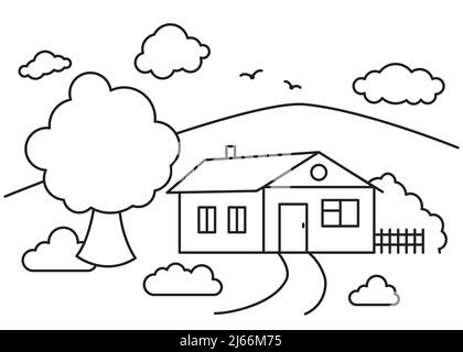 Paysage d'art de ligne, maison de village, arbres, plantes, nuages et oiseaux. Contour, illustration tracée. Ferme, paysage agricole. Heure d'été Illustration de Vecteur
