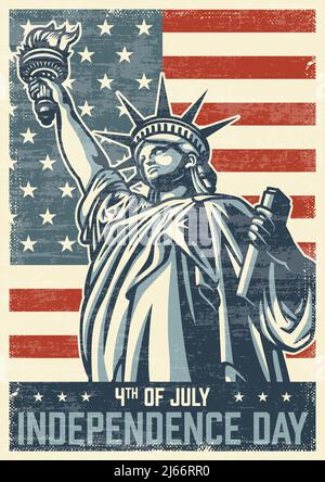 affiche ancienne du 4 juillet avec statue de la liberté. Illustration vectorielle Banque D'Images