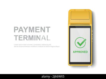 Vector Realistic 3D Yellow Touch Mobile Payment machine. Gros plan du terminal POS isolé sur blanc. Modèle de conception de paiement bancaire sans fil sans contact Illustration de Vecteur