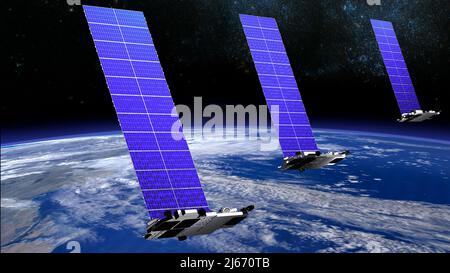 train satellite de diffusion internet autour de la terre dans l'illustration 3d. Banque D'Images