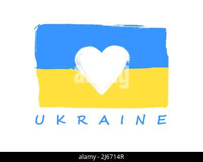 Drapeau ukrainien avec forme de coeur à l'intérieur et soutien signe Ukraine. Illustration vectorielle. Banque D'Images
