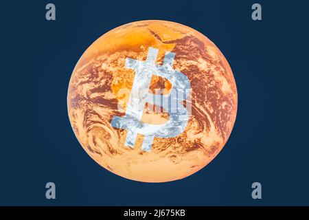 Illustration conceptuelle pop créative avec logo Bitcoin et globe terrestre Banque D'Images