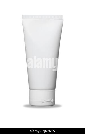 Tube en plastique blanc brillant pour la médecine ou les cosmétiques - crème, gel, soins de la peau, dentifrice. Emballage réaliste avec couvercle à rabat isolé sur blanc Banque D'Images