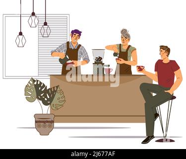 Les baristas préparent le café et le client boit sa boisson près du comptoir. Scène café-restaurant, illustration vectorielle plate isolée sur fond blanc Illustration de Vecteur