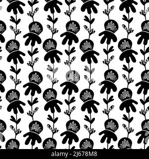 Motif fleuri sans couture basé sur des ornements traditionnels d'art populaire. Fleurs noires sur fond blanc. Style scandinave. Style nordique. Monochrome Illustration de Vecteur