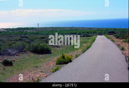 célèbre route des îles baléares menant à l'attraction touristique phare de formentera en été Banque D'Images