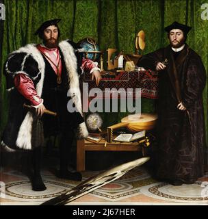 Les ambassadeurs. Hans Holbein le plus jeune. 1533. Le tableau montre Jean de Dinteville, ambassadeur de France auprès d'Henry VIII, et Georges de Selve, évêque de Lavaur. Il contient un crâne anamorphique au premier plan. Banque D'Images