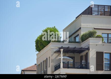 Terrasse sur le toit avec décoration de plantes dans une maison moderne de haute technologie Banque D'Images