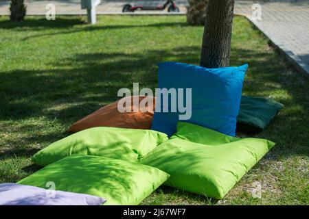 Étudiants assis sur des coussins sous les arbres Banque D'Images