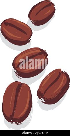 Illustration de grains de café torréfiés sur fond blanc, dessinés à la main avec de la peinture et un pinceau Illustration de Vecteur