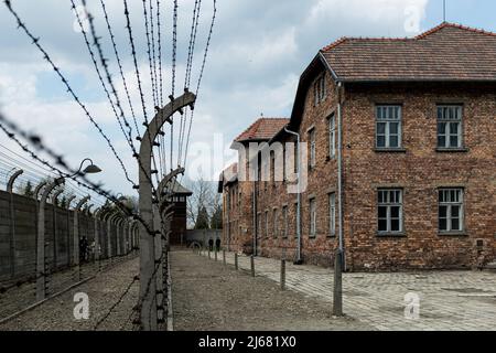 Auschwitz, Pologne. 28th avril 2022. Vue sur l'ancien camp allemand d'Auschwitz. À l'occasion de la Journée internationale de commémoration de l'Holocauste, des participants de différentes parties du monde participent à la marche des vivants. La marche des vivants est un hommage et un symbole de mémoire pour les victimes de l'Holocauste. Les participants à la marche couvrent ensemble le tronçon de trois kilomètres qui mène de la porte d'Arbeit Macht Frei à l'ancien camp allemand d'Auschwitz I à l'ancien site d'Auschwitz II - Birkenau. Crédit : SOPA Images Limited/Alamy Live News Banque D'Images