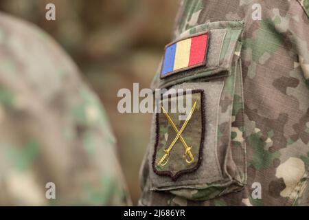 Bucarest, Roumanie - 28 avril 2022 : détails de champ peu profonds avec le brassard des Forces terrestres roumaines (brassard, brassard). Banque D'Images
