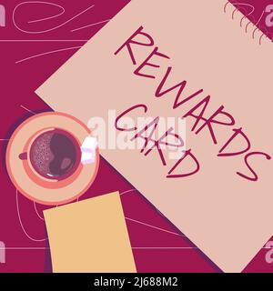 Affiche manuscrite carte de récompenses. Approche commerciale Aidez à gagner des points en argent grâce aux programmes d'incitation à l'achat quotidiens Offee Cup assis sur le bureau avec Banque D'Images