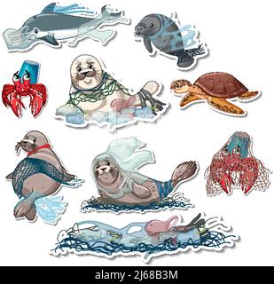 Paquet d'autocollants de différents animaux marins collés dans l'illustration en plastique Illustration de Vecteur