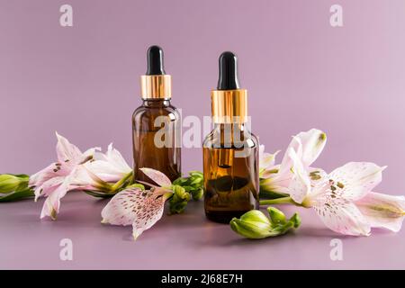 huile cosmétique, huile essentielle ou sérum d'auto-soin en deux bouteilles sur fond violet avec fleurs fraîches. cosmétiques naturels Banque D'Images