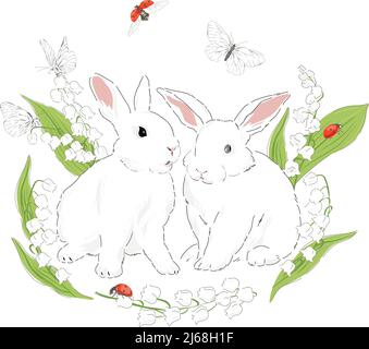 Mignon lapin dans le jardin de Bloomy de printemps avec les lilies de la vallée florals papillon et coccinelle dessin main illustration vectorielle isolée sur blanc. Carte à poster vintage délicat et romantique à imprimé nature. Illustration de Vecteur