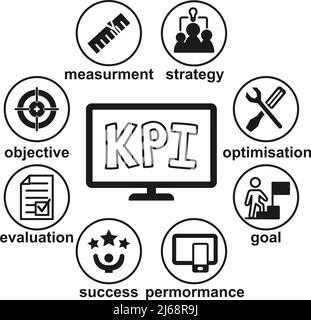 Indicateurs de performance clés en noir et blanc concept examen concept de processus Illustration vectorielle pour icônes, poster, dépliant, site Web ou application deco Illustration de Vecteur