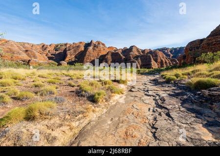 Impressionnantes formations rocheuses de karst en grès au parc national de Purnululu ou Bungle Bungles, site classé au patrimoine mondial de l'UNESCO dans les Kimberley, en Australie occidentale Banque D'Images