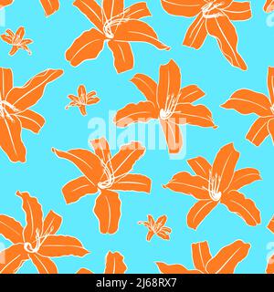 Motif sans coutures. Fleurs orange dessinées à la main sur fond bleu clair. Illustration vectorielle. Illustration de Vecteur