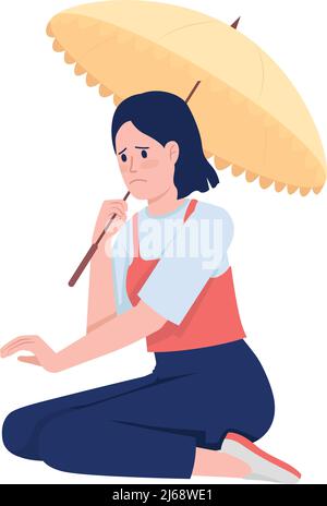 Femme malheureuse avec parapluie assis semi-plat couleur vecteur caractère Illustration de Vecteur