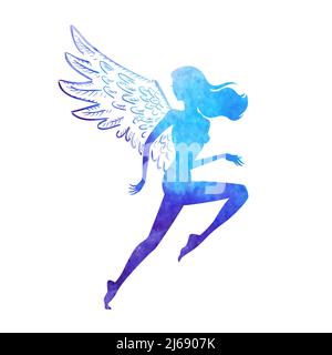Illustration vectorielle de la silhouette de la femme de course à pied de peinture aquarelle texture forme avec des ailes Illustration de Vecteur