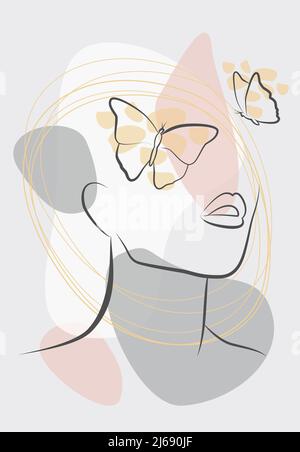 Papillon et visage. Ligne continue, dessin de visage, concept de mode, beauté minimaliste d'une femme. Un portrait moderne. Illustration de Vecteur