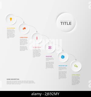 Modèle d'étapes diagonales de progression de la lumière vectorielle avec des flèches faites de six cercles de relief lumineux avec des descriptions et des icônes et un timelin coloré arc-en-ciel Illustration de Vecteur